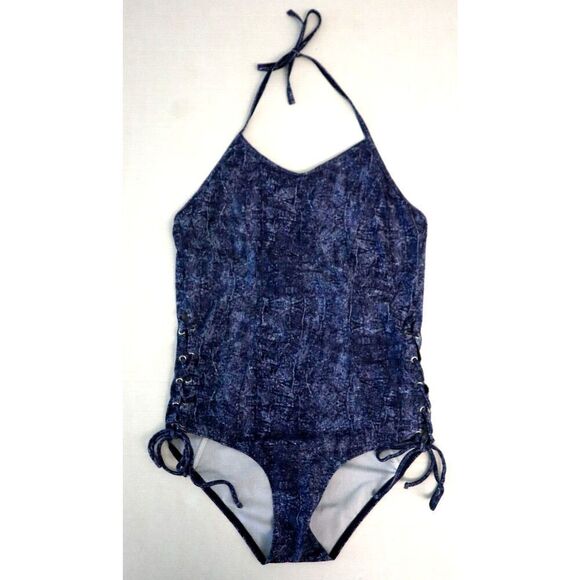 Guess E82J18-MC009 Women's Sz L Blue Denim Halter Side Lace-Up 1-Piece Swimsuit - Picture 1 of 11